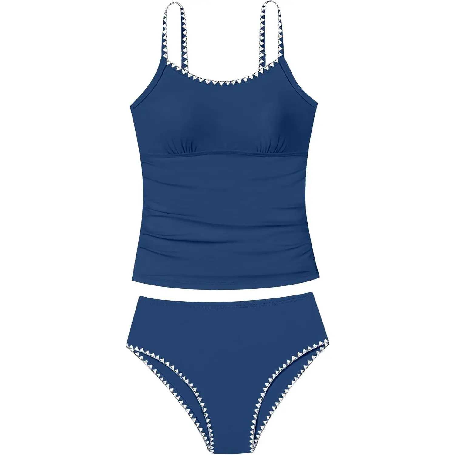 Girls 2 Piece Solid Color Contrast Trim Padded Tankini Swimsuit Bathing Suit for Teens Aged 9-16Y