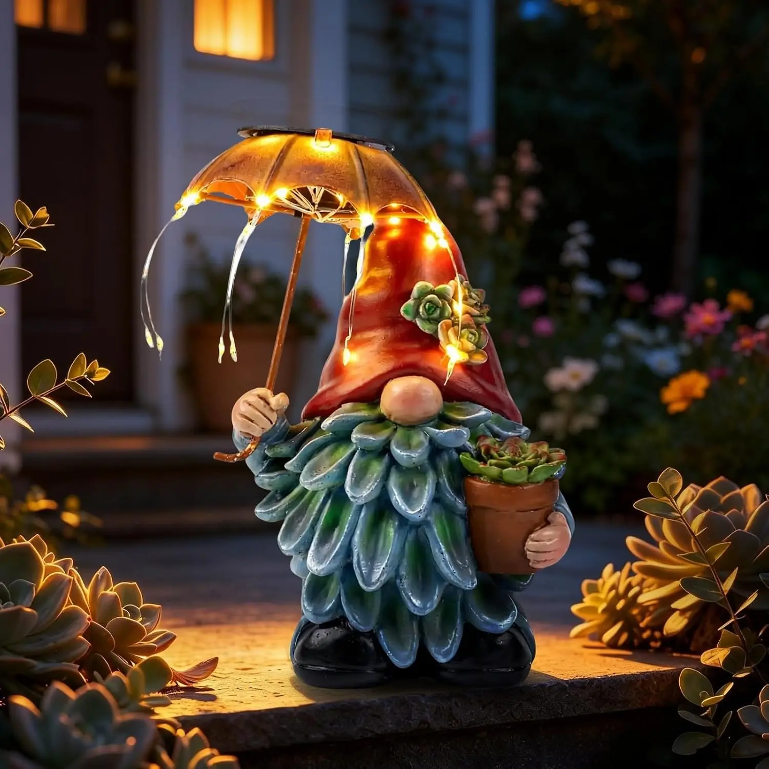 Solar Outdoor Statues Gnome Garden Decor, Garden Gnome with Solar LED Umbrella Decorative for Patio, Balcony, Lawn, Yard Ornament - Christmas Gardening Gifts for Mom Grandma