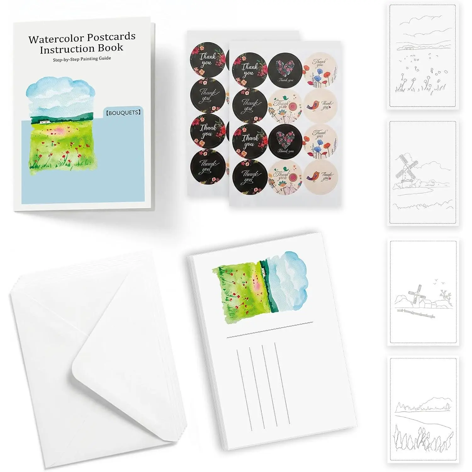 15 Pack 4"×6" Watercolor Postcards for Beginners, Pre-Printed Line Art Cards with Envelopes & Guide, 15 Sheets Watercolor Paper,  for Travel Sketch & DIY  Postcard Craft (Scenery)