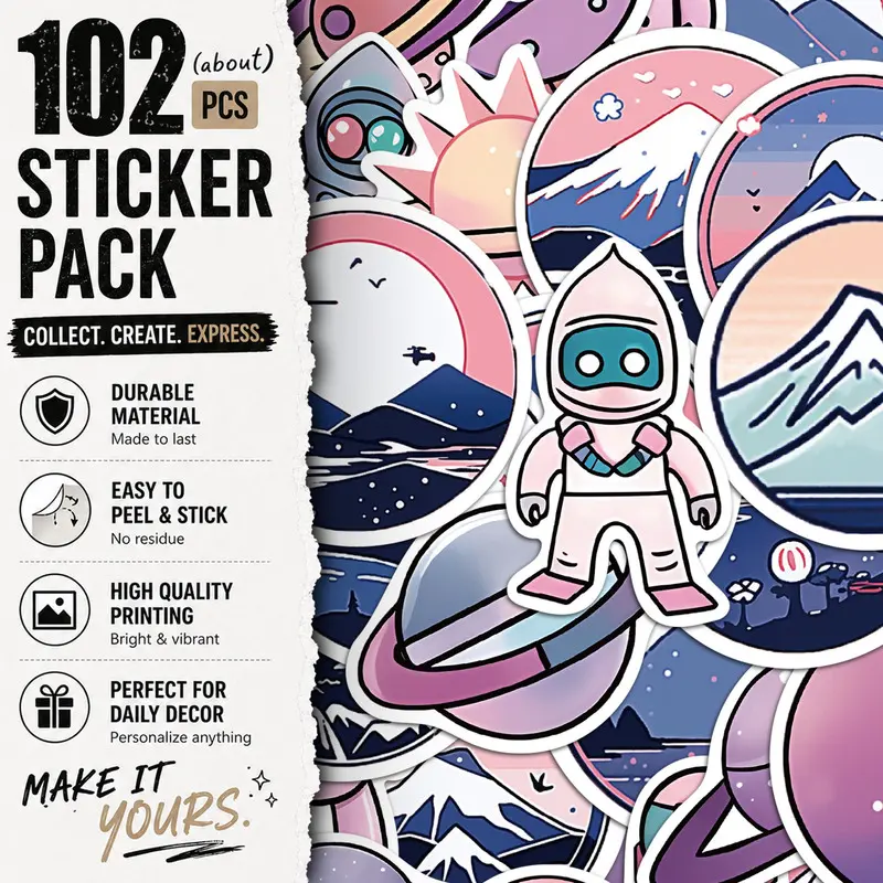 102PCS Planet Aesthetic Vinyl Stickers Pack for Laptop Water Bottle Phone Case Skateboard Journal Scrapbook DIY Decoration