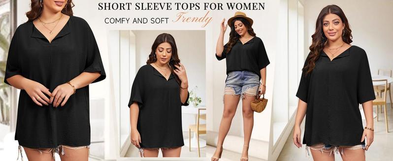 Imily Bela Curve Womens 2025 Plus Size Tops Short Sleeve V Neck Tee Blouse Summer Loose Fit Casual Tunic Top XL-5XL