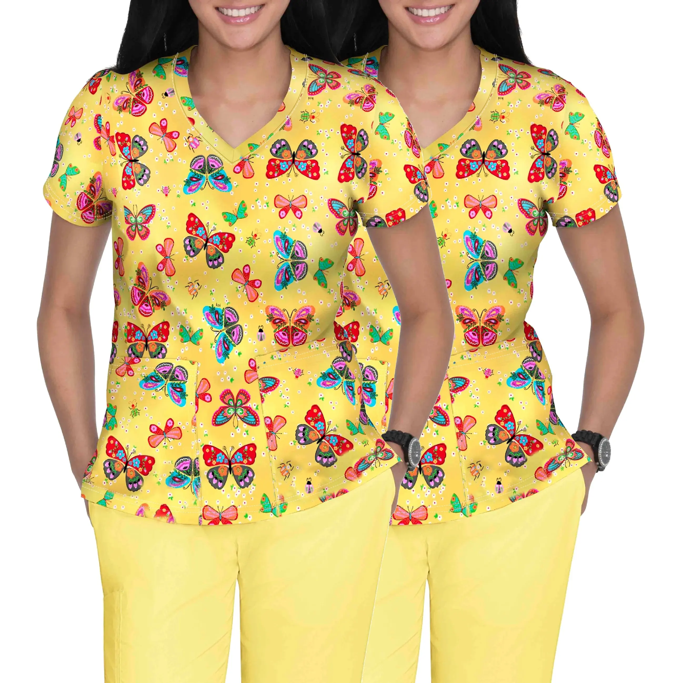[Nurse Style Women's Top] 2pcs Butterfly Print Fashion Commuter Digital Full-Print Nurse Style Women's Top - Split Pocket V-Neck Clinic Hospital Workwear Casual Caregiver T-Shirt