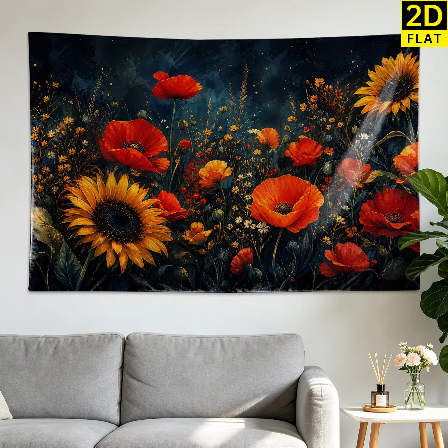 Large Horizontal Sunflower & Red Poppy Floral Tapestry - Polyester Hippie Wall Artwork Decor, Room Decor for Living Room, No Installation Required, Gift Idea for Family, Colorfast