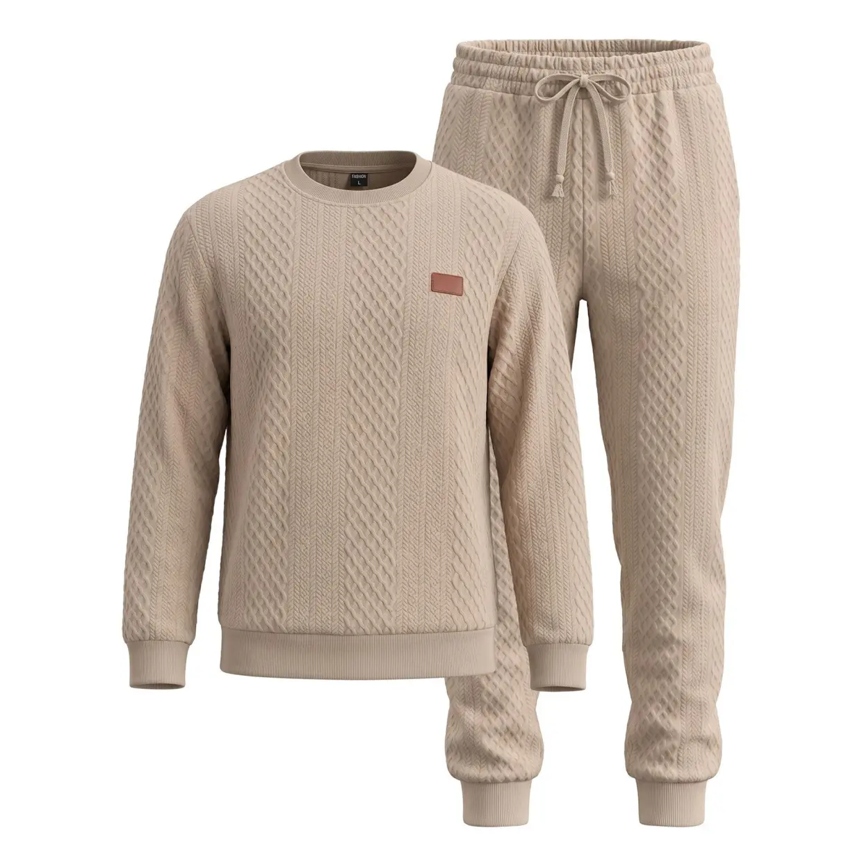 Men’s 2-Piece Polyester Stretch Ribbed Cable Textured Long Sleeve Crew Neck Pullover Sweatshirt & Drawstring Jogger Pants Set, Relaxed Fit Menswear Tracksuit for Fall Winter, Lounge, Matching