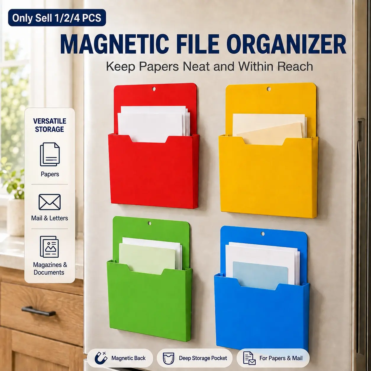 1/2/4 PC Magnetic File Holder, A4 Magnetic File Organizer with Deep Storage Pocket and Vertical Hanging Design for Papers, Mail, Letters, Magazines and Documents, Classroom, School, Office, Home, Refrigerator, Whiteboard, Locker and Metal Cabinet
