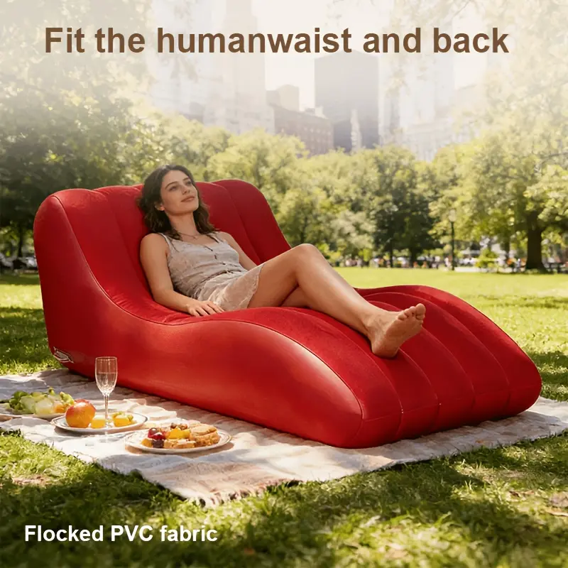 Red Flocked Lazy Sofa Chair, Comfortable Inflatable Floor Lounger for Indoor Living Room, Bedroom Reading, and Outdoor Travel