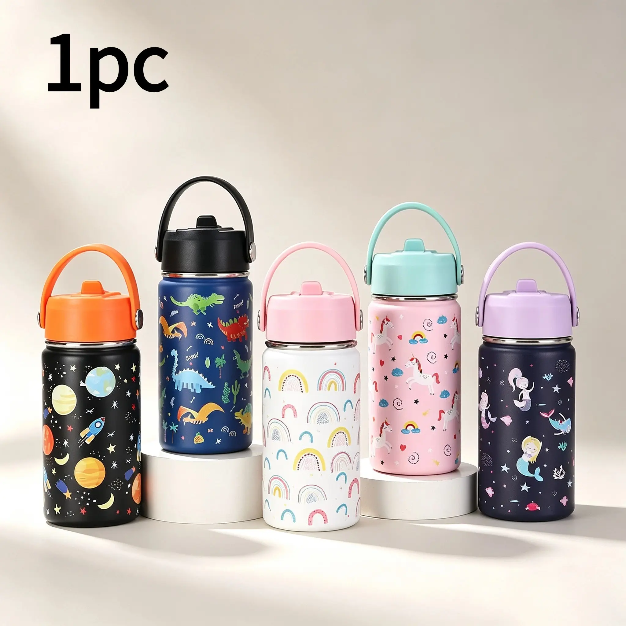Portable Vacuum Insulated Cup, Tumbler, 304 Stainless Steel, Leak-Proof Lid, Cute Space, Dinosaur, Rainbow, Unicorn, Mermaid Designs, Ideal for Kids