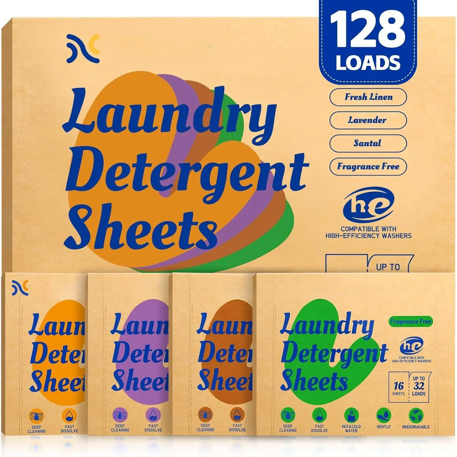Laundry Detergent Sheets, Multiple Scents, 128 Loads | 4 Scented:  Linen, Lavender, Santal &  Free Laundry Sheets, Plastic-Free, -Dissolving,