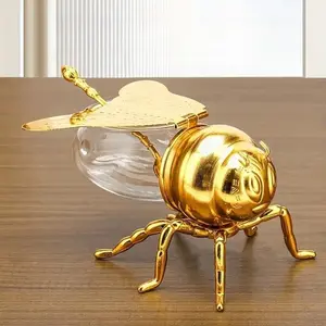 Honey Jar with Spoon & Lid, 1 Count European Classic Style Honey Bee Shaped Glass Honey Jar, Elegant Kitchen Condiment Container, Bottles, Airtight Jars