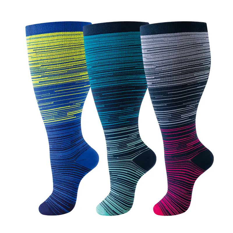 Plus Size Wide Calf Compression Socks (3 Pairs), Unisex Athletic Gradient Stripe Moisture-Wicking Nylon for All-Day Standing & Gym Workouts