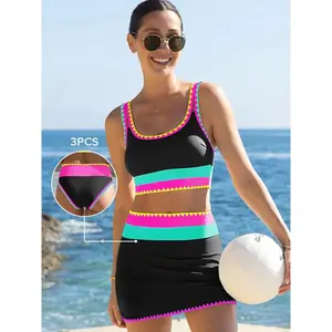 [Run half a size small]Beachball Kayaking 3 Piece Bikini Sets,Tummy Control & High Waisted Swimsuit with Adjustable Wide Shoulder Straps, Neon Color Sporty Swimsuit