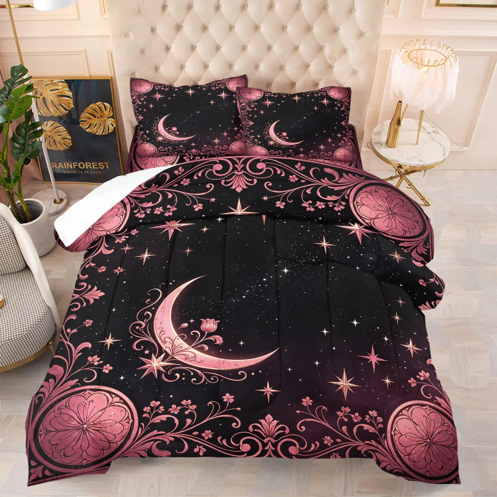 Black Starry Pink Floral Crescent Moon Star Comforter Set, 1 Comforter + 1-2 Pillowcases, Soft Washable Microfiber Bed Quilt, HD Digital Print, Romantic Witchy Gothic Flower Style, Moon Lover Bedroom Bedding