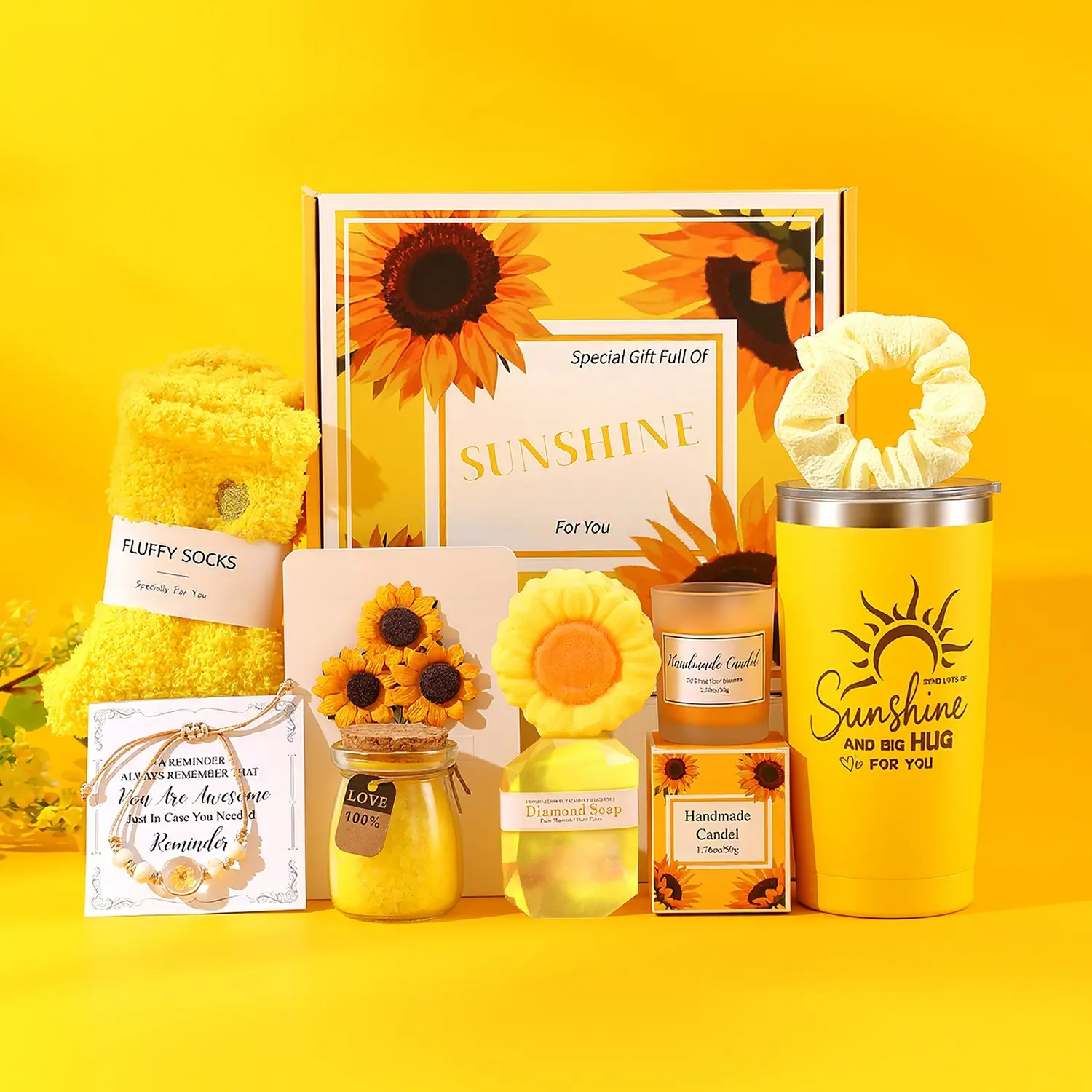 1 Set Yellow Sunflower Gift Box Set, including insulated tumbler, aromatherapy candle, bath bomb, gemstone soap, bath salt, fluffy socks, hair scrunchie, bracelet and greeting card, self-care gift for women's birthdays and holidays