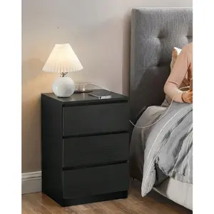 Modern Ebony Black Nightstand with Charging Station: Bedside Table featuring 3 Drawers, 2 AC Outlets, 2 USB Ports and Beveled Drawer Fronts