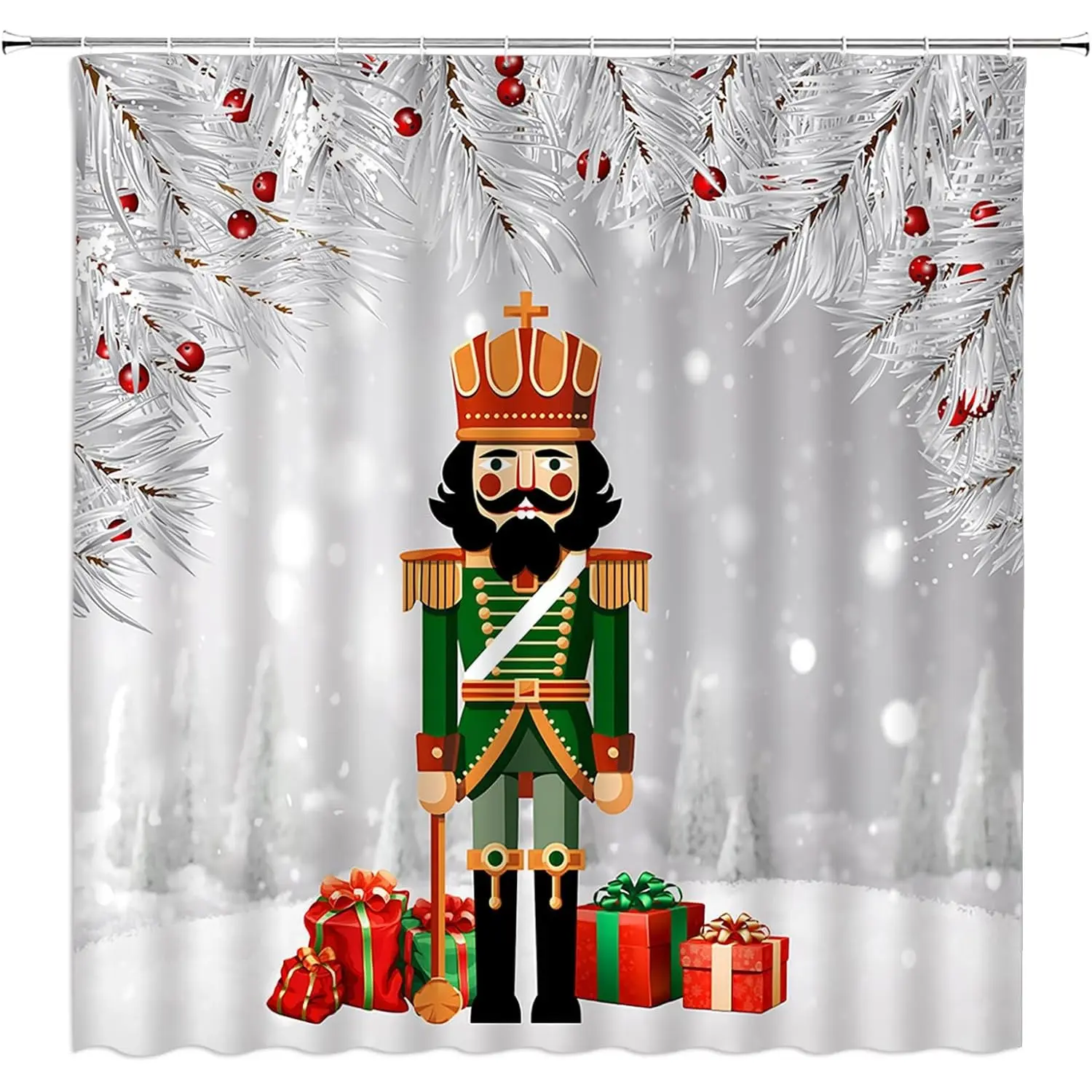 Christmas Nutcracker Shower Curtain Xmas Silver Pine Branches Red Ball Fantasy Winter Holiday Happy New Year Bathroom Decor Curtain Whimsical Festive Restroom Aesthetic Unique Waterproof Fabric Bath Curtains with Hooks