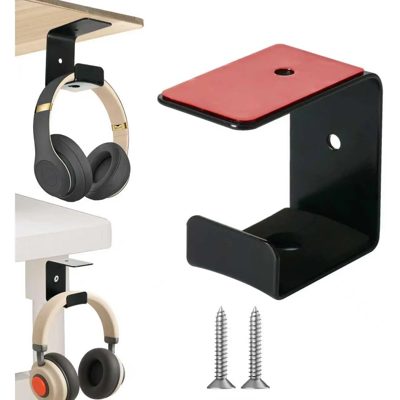 Adhesive Headphone Holder Under Desk,  Headset Mount Hook with Rubber Pad - 2 Installation Styles for Gaming, Office, Classroom (1 Pack)