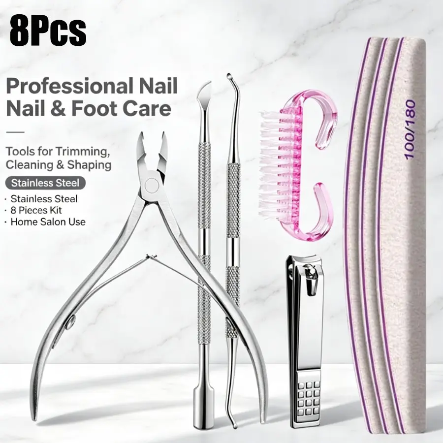 All-In-One 8 in 1 Professional Nail Trimming Kit, Rustproof Metal Manicure Tools, Trim Cuticles, Shape Nails at Home Salon