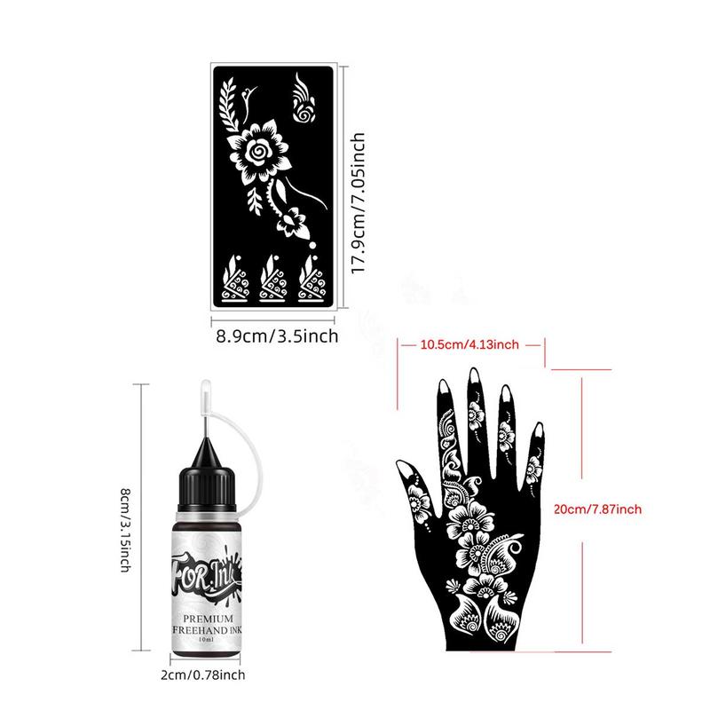 Temporary Tattoo Ink Set, 3 Bottles Hand-Drawn Tattoo Ink & 6 Hollow Template Stickers, Henna Stencil, Body Art, Party, Halloween, Graduation, Beach Vacation