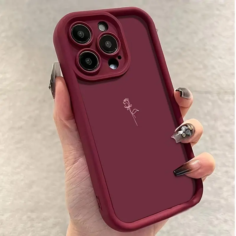 (New Arrival)Simple Line Rose Wine Red Phone Case for iPhone 16 Pro Max 15 Plus 14 13 12 11 XR XS Shockproof Silicone TPU Bumper Drop Protection Soft Cover