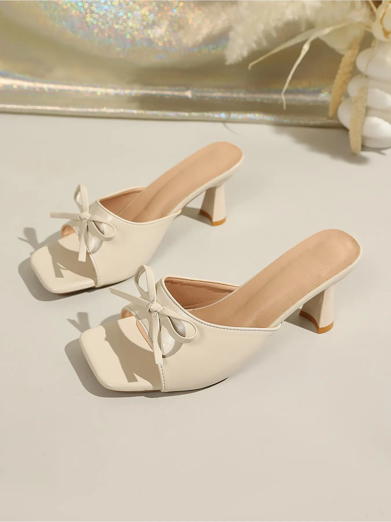 Solid Patent Bow Square Open Toe Strapless Goblet Heel Mules, Timeless Black White Contrast Tone, Youthful All-Match Lift Slides For Shopping & Short Travel