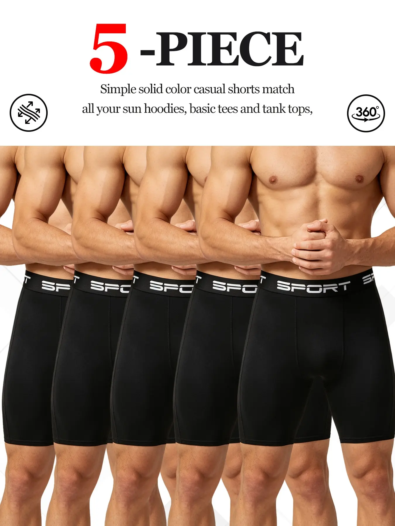 Men's 5-Pack Compression Shorts, Four-Way Stretch Quick-Dry Gym Shorts, Ideal for Gym, Rugby, Basketball, Running, Cycling, Daily Training