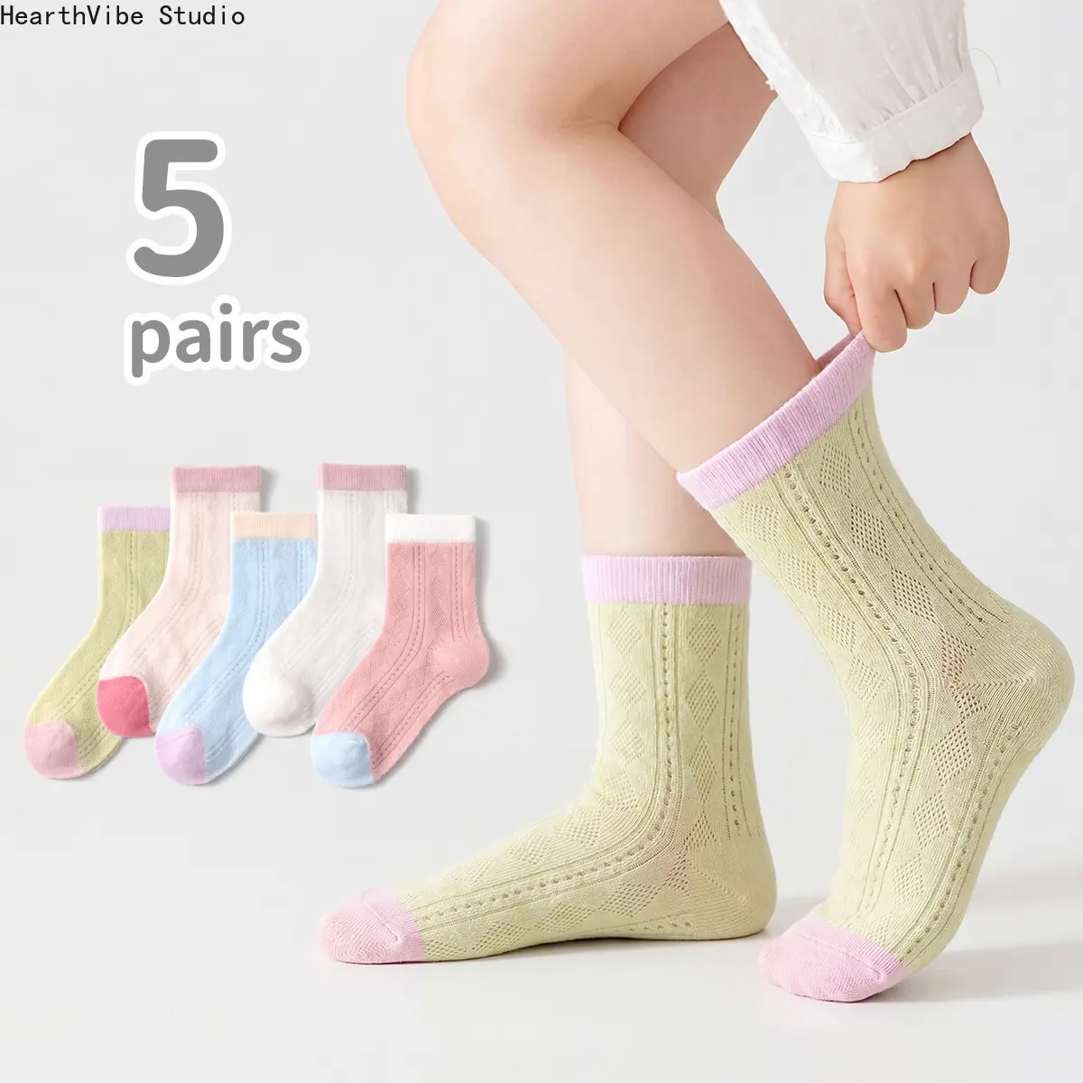 5 Pairs Girls Socks Set Thin Breathable Mesh Mid Calf Crew Socks Pastel Color Block Pointelle Knit Toddler School Socks Bulk
