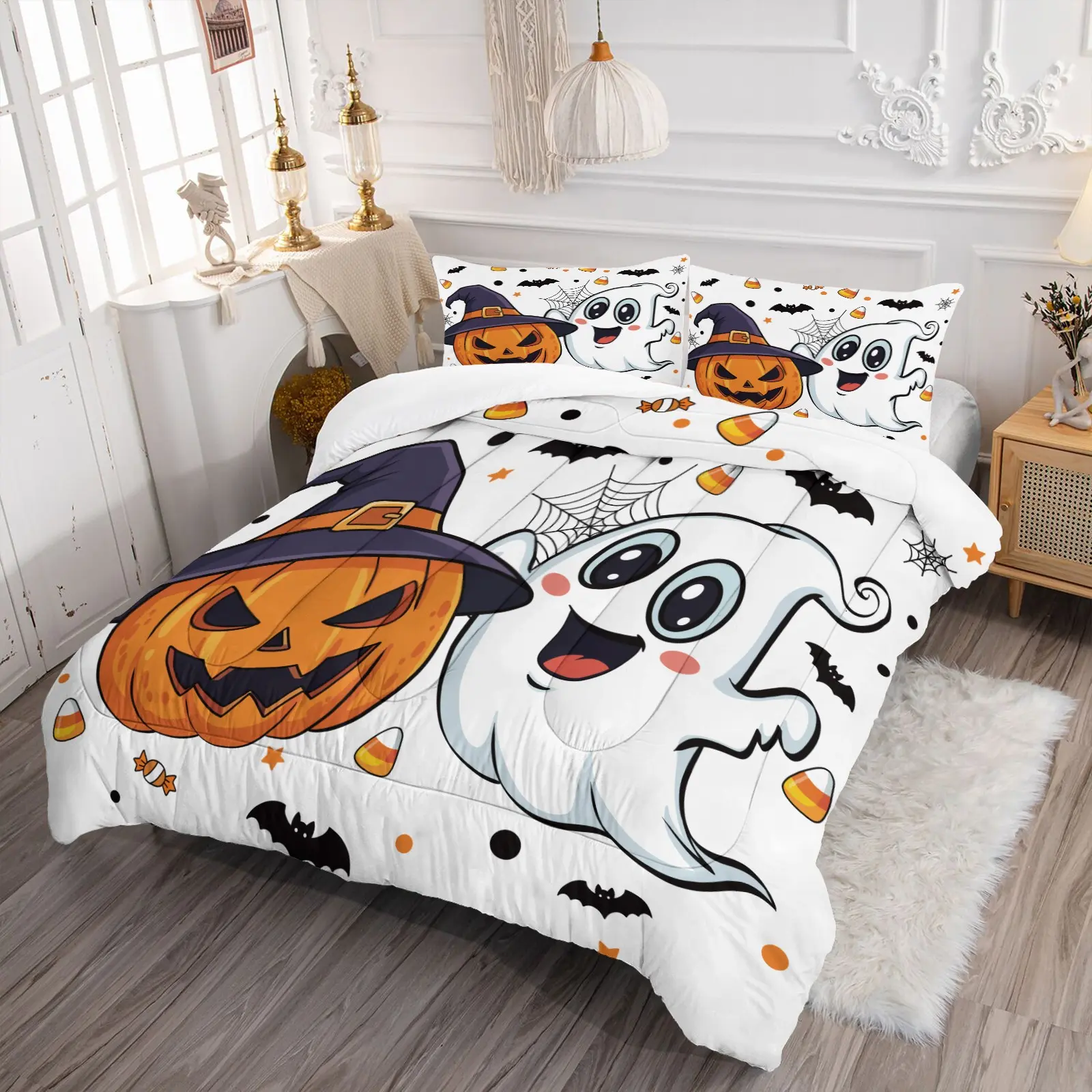 White Background Halloween Comforter Set 2/3Pcs, Cute Cartoon Witch Hat Pumpkin Ghost Bat Candy Corn Spider Web Print Bedding, U-Shaped Quilted Soft Duvet Insert, 1 Comforter + 1/2 Pillowcases for Bedroom Dorm Halloween Decor Holiday Gift