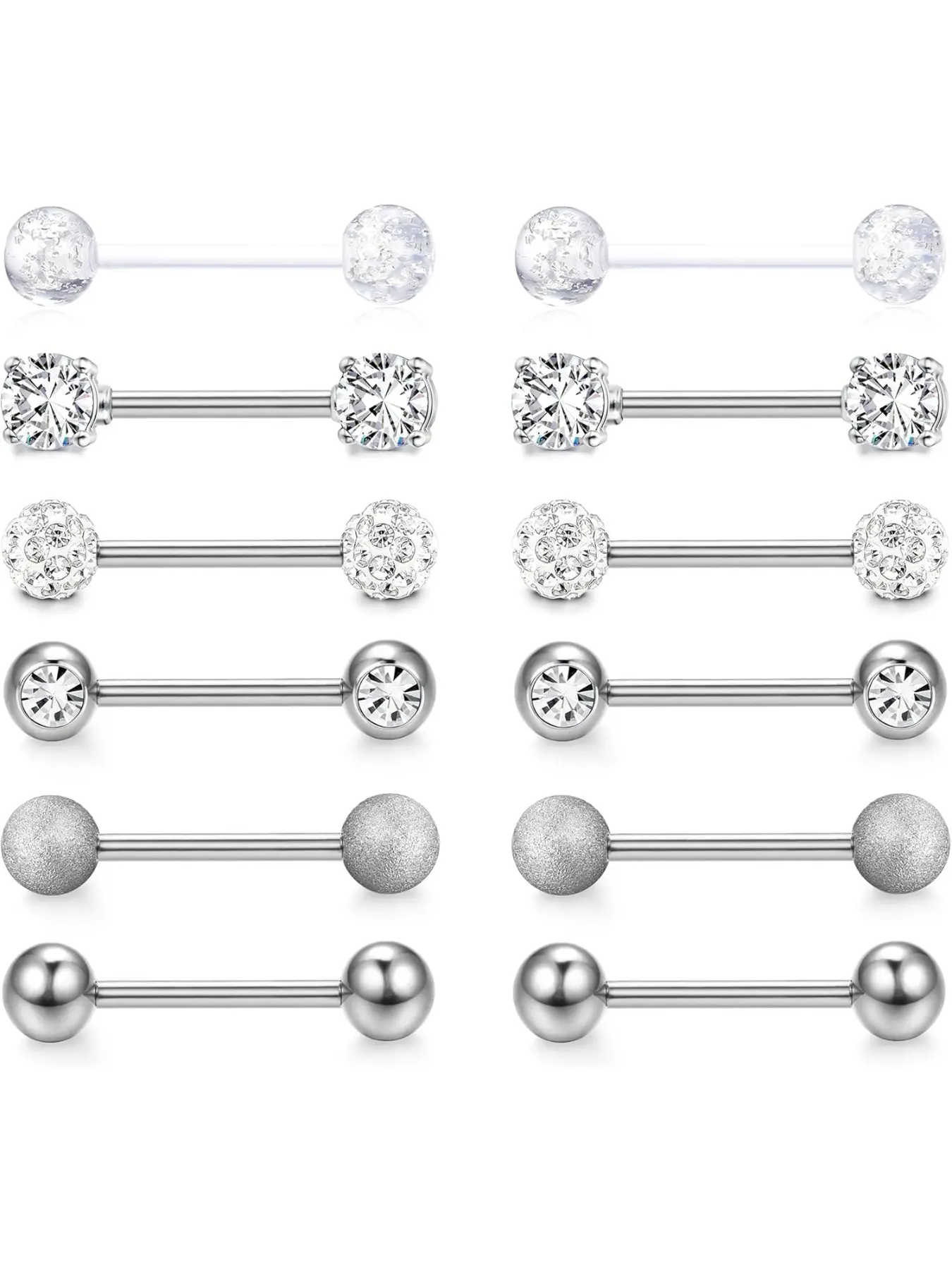 12pcs 14g Silver Color Tongue Bar Piercing, Nipple Bar Jewelry, 316L Stainless Steel, 12/14/16/18mm, All Seasons, Casual Style