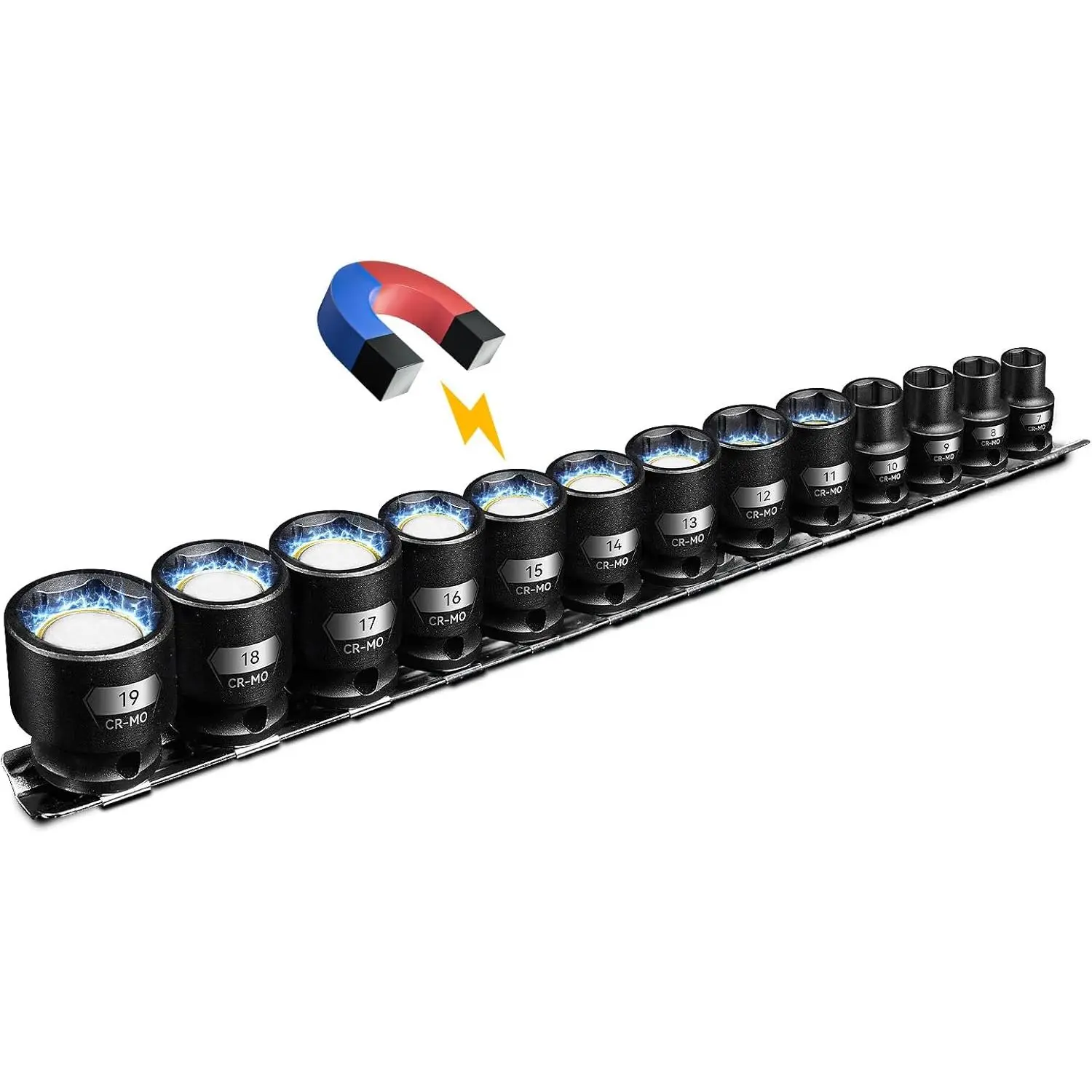 3/8" Drive   Socket Set, 13- Shallow Socket Set with Storage Rail, Metric Size 7mm-19mm, 6 Point  Sockets, Cr-Mo Steel