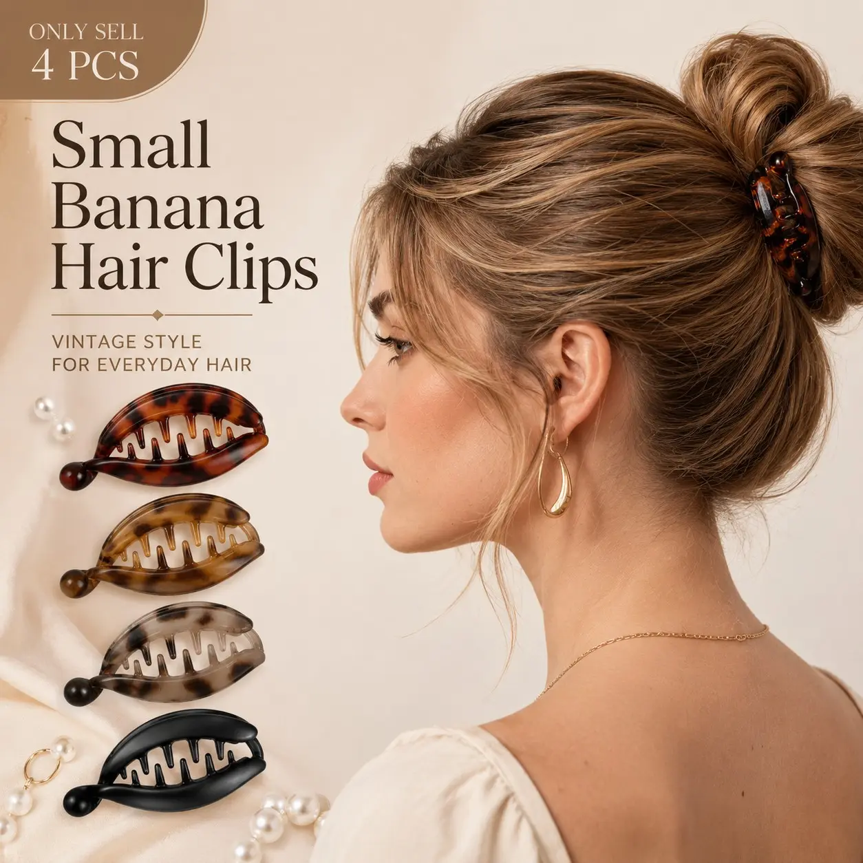 4 PCS Small Banana Hair Clips for Women, Cute Hair Clips, Vintage Retro Non-Slip Hair Barrettes, Strong Hold Vertical Styling Clips for Thin & Fine Hair, Ponytails and Buns, for Daily Wear, Work, Travel, Parties and Gift Giving