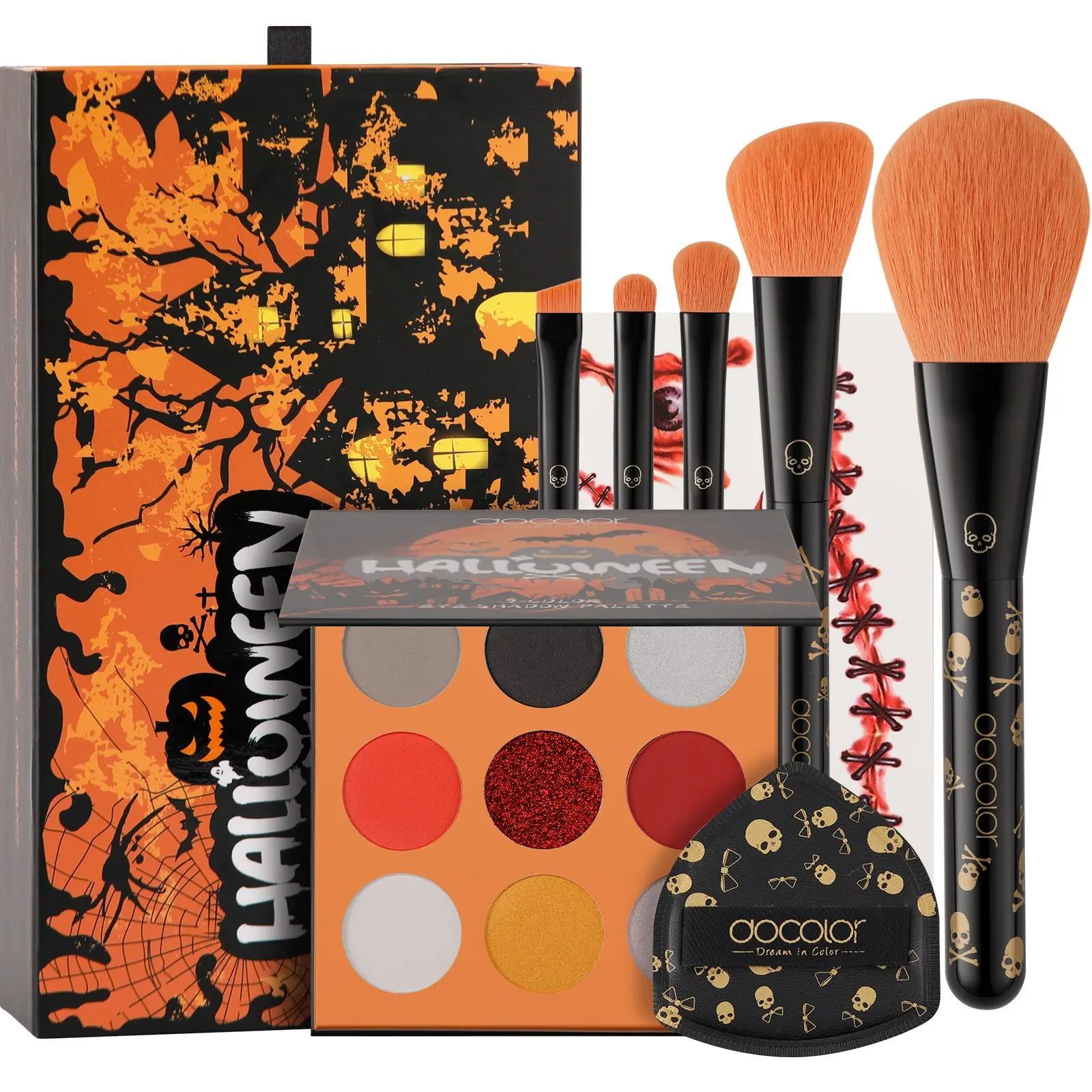 Halloween Limited Edition Makeup Kit– 5 Professional Brushes, 9-Color Ultra-Pigmented Eyeshadow Palette (Matte/Shimmer), and Dual-Use Powder Puff , 3 Packs Body Face Scar Tattoos– Perfect for Vampire, Skull, and Gothic Fantasy Looks