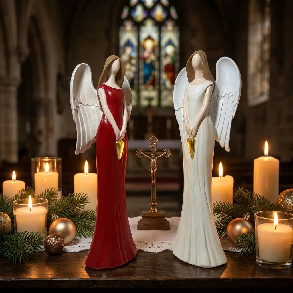 Upulipuli Hand-painted Angel Figurines Christmas Decor - Red and White Resin Angel Statues with Golden Heart, Religious Christmas Gifts for Women, Elegant Spiritual Home Tabletop Centerpiece Decoration