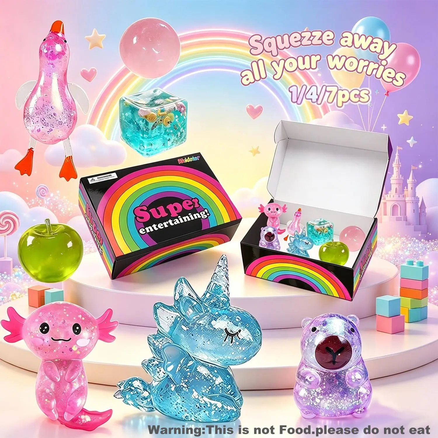Dreamy Rainbow Squishy Toy 1/4/7Pcs Unicorn Capybara Axolotl Glitter Jelly Stress Relief Kawaii Sensory Fidget Slow Rising Collectible ASMR Satisfying Adult Kids Gift Set