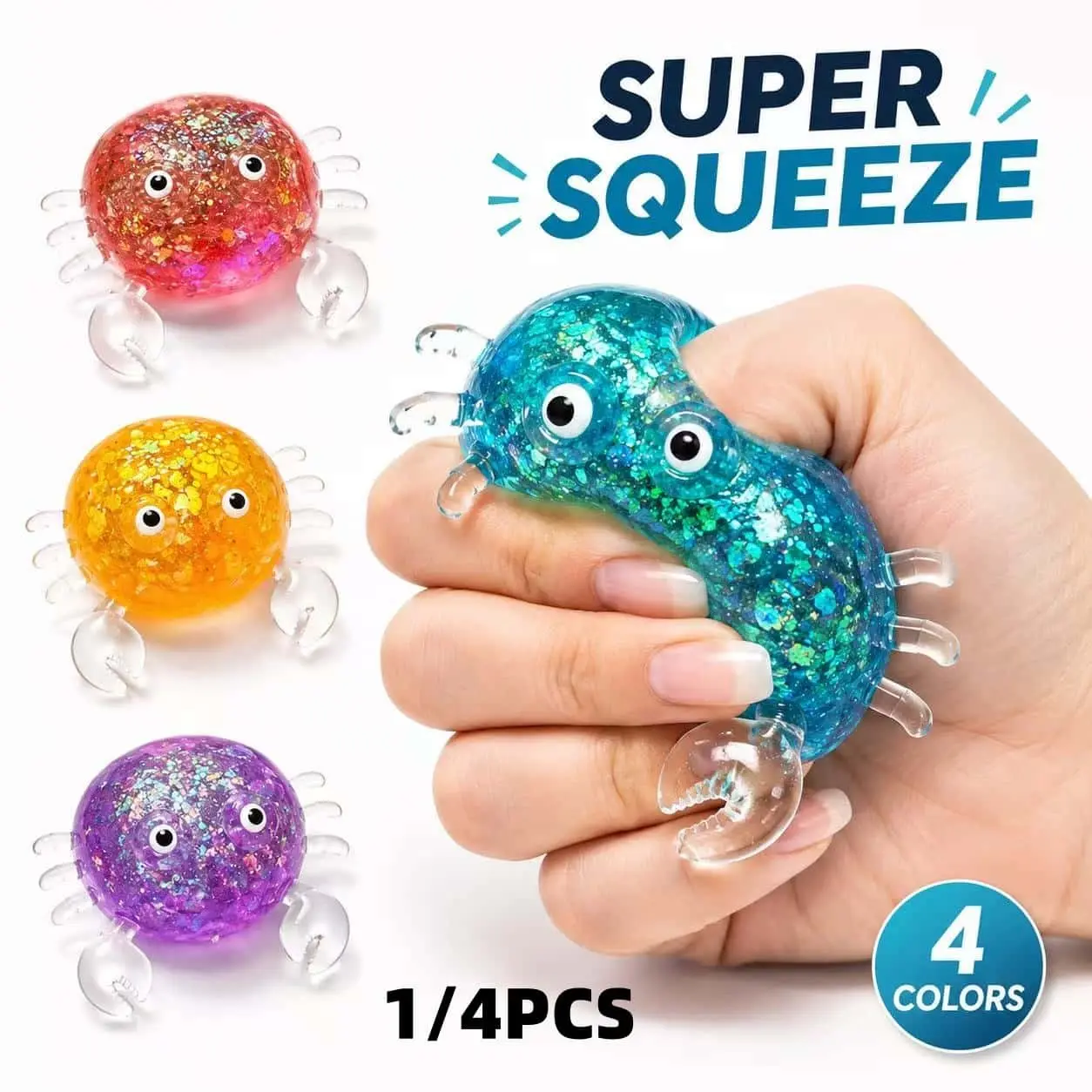 1/4 Pack Glitter Transparent Crab Decompression Squeeze Stress Relief Fidgets Toy, Marshmallow Filled Slow Rebound Soft Gel Ball, Unisex Kids & Adults Relaxation Toy, Soft Squishies