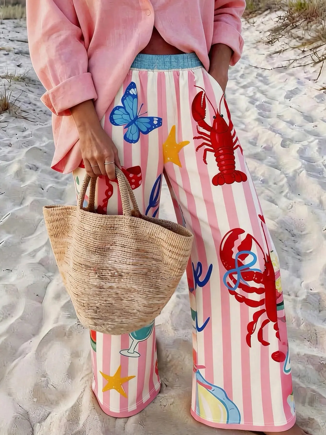 Women's Striped Graffiti Lobster Letter Flower Sweatpants, Casual Long Straight-Leg Trousers, Elastic Waist, All Seasons Fashion