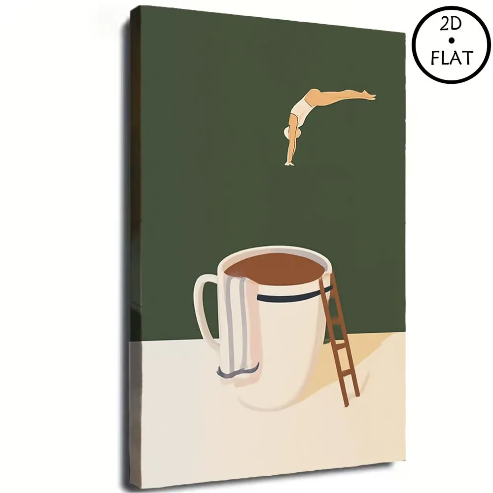 Modern Art Wall Decor, Unframed Canvas Print with Coffee Cup & Diver Pattern, Artwork for Living Room, Bedroom & Study Room Decoration dopamine items