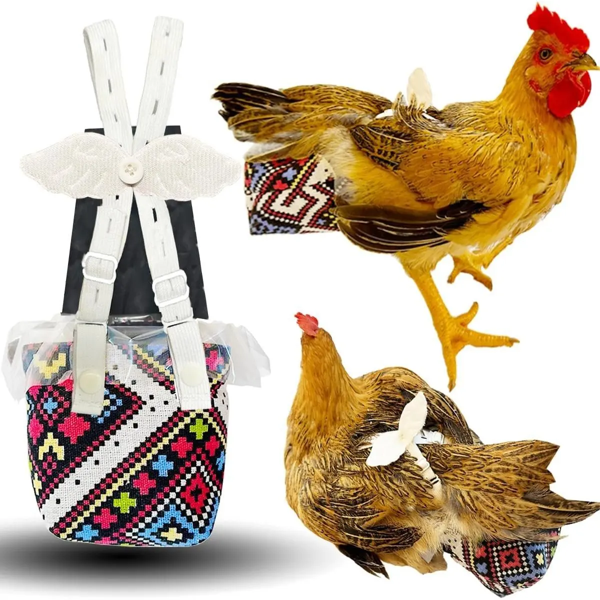Reusable 3D Chicken Diapers for Indoor Chickens, Widened Leak-Proof 3D Pouch with Replaceable Bag, Adjustable Straps & Cross-Back Design for Hens & Roosters (Plastic Bags Not Included), Indoor Use, Reusability