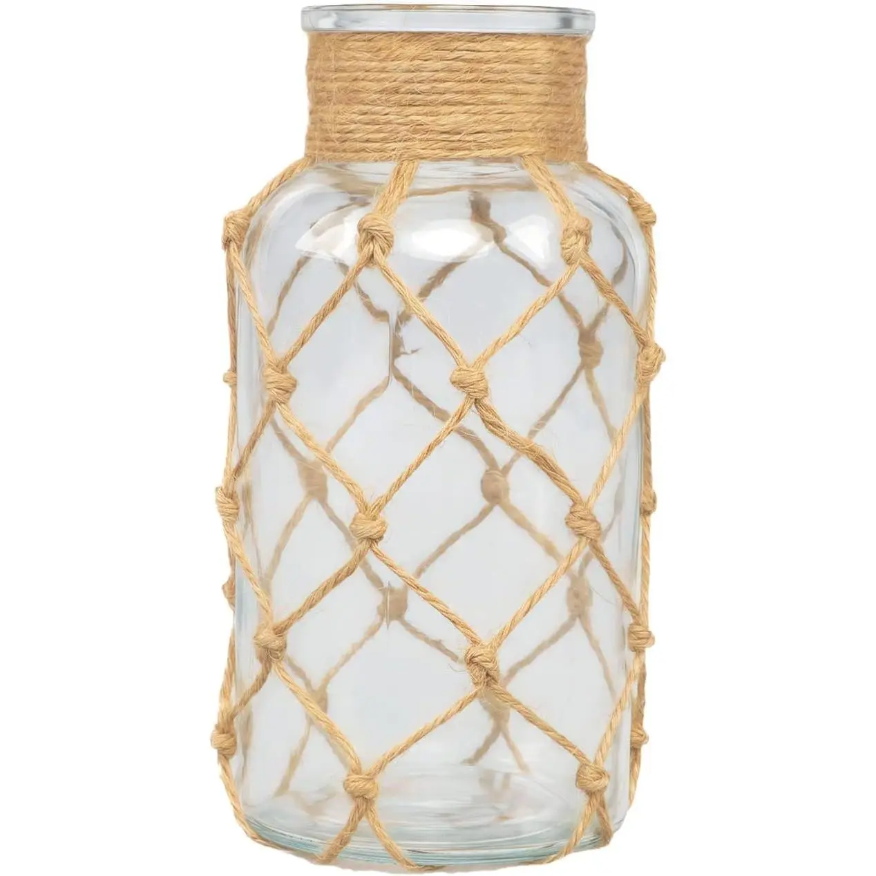1 count 16x8cm(6.3x3inch)  Clear Glass Flower Vase with Rope Wrapping, Wide Mouth Decorative Floral Bottle for  Decor, Table Centerpiece and Wedding Party
