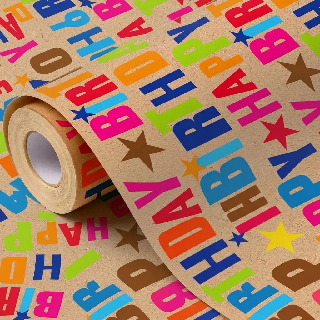 Colored "Happy Birthday" kraft paper roll, vibrant star pattern birthday gift wrapping paper, suitable for birthday parties, gift wrapping supplies, handmade