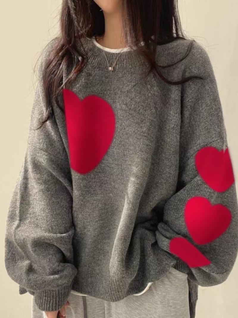 【Plus Size】 Colorblock Heart Pattern Crew Neck Sweater, Casual Long Sleeve Pullover Jumper for Daily Outdoor Wear, Women Plus Clothing for Fall & Winter