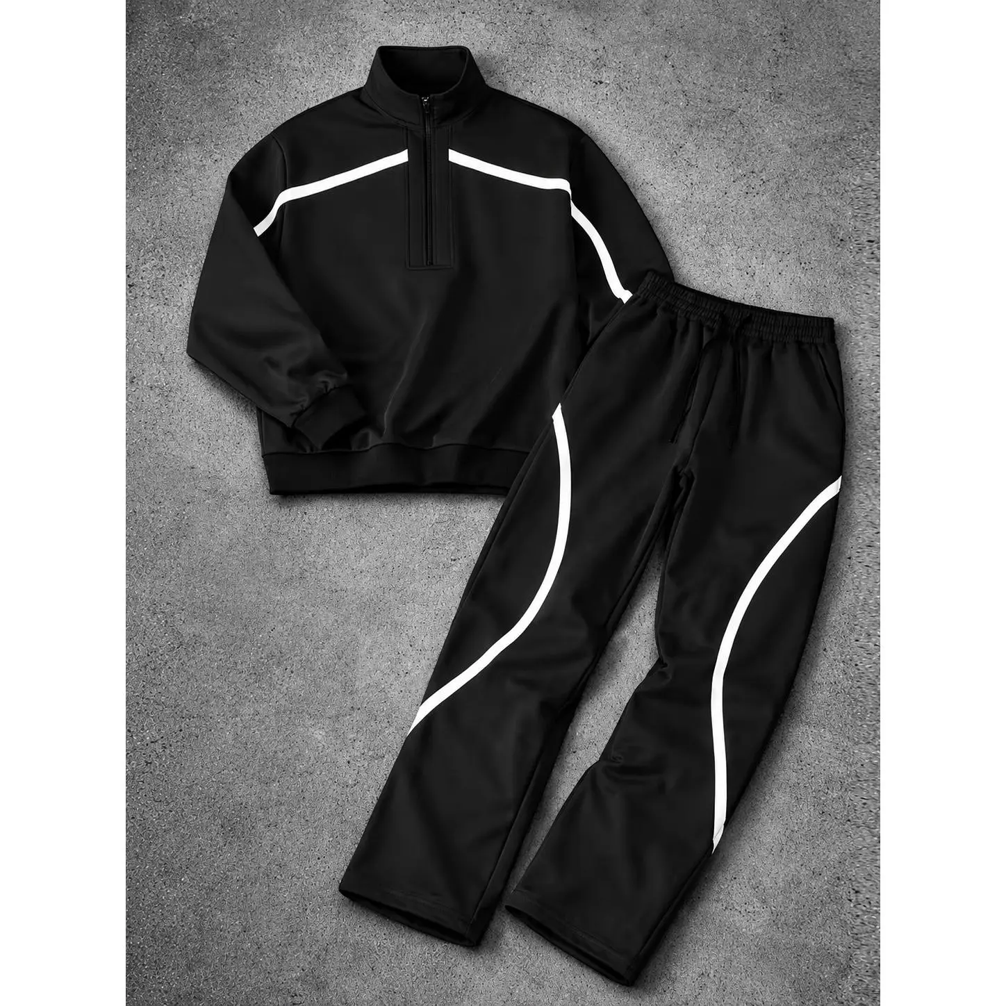 Men's 2 Piece Tracksuit Set Half Zip Pullover Sweatshirt and Baggy Sweatpants Y2K Streetwear Casual Athletic Outfit Decorative Printed White Lines Sportswear Jogging Suit Activewear Matching Lounge Set Black