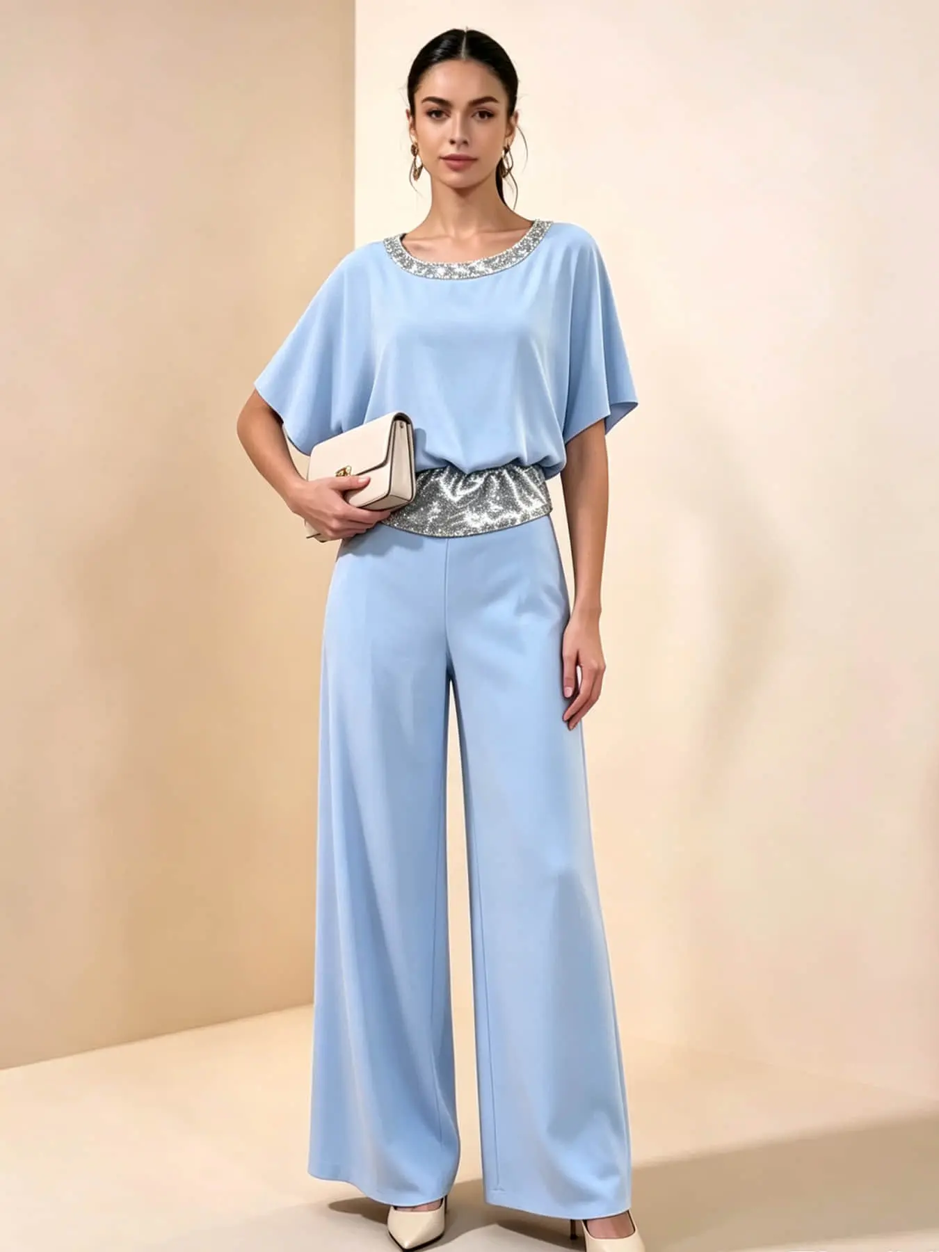 Two-Piece Women's Fashion Light Luxury Sequin Belted Set: Round Neck Silver Sequin Waistband Loose Hiding Body Long Wide Leg Pants Set, Suitable for Summer, Perfect for Evening Parties, Office Commutes, Vacation Trips, and Wedding Guests