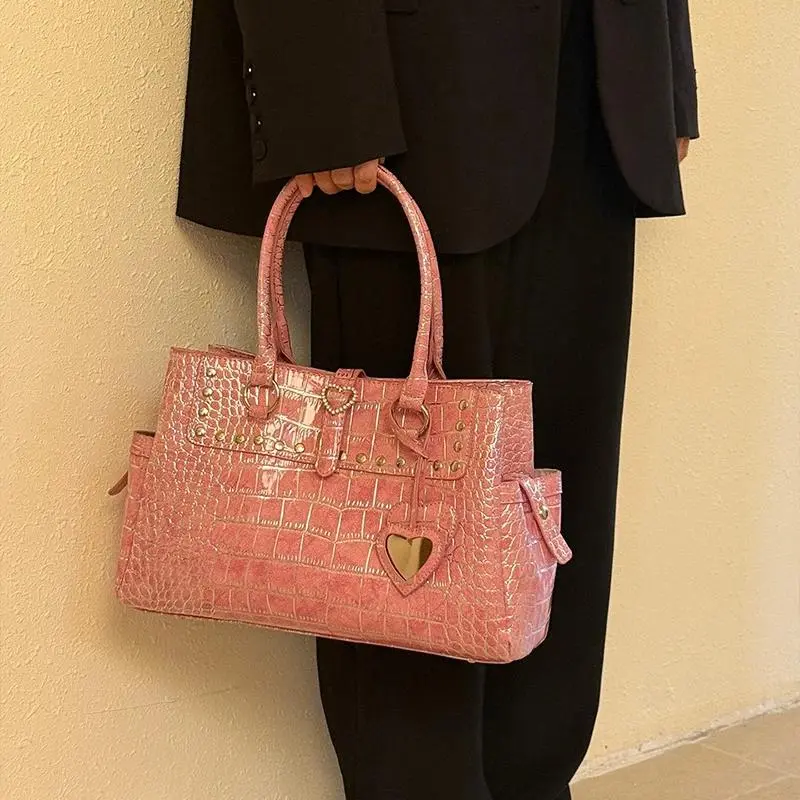 Crocodile Texture Tote Bag with Pink Heart Pattern, Large Capacity Designer Style Crossbody Handbag for Women