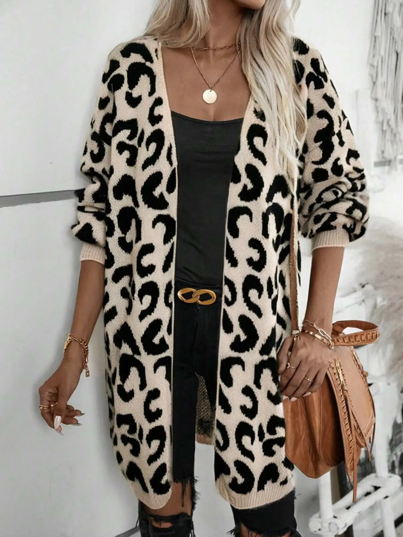 Leopard Print Long Knit Cardigan, Loose Fit Lazy Style, Versatile Casual Outerwear, Perfect for Everyday Wear, Comfortable and Stylish