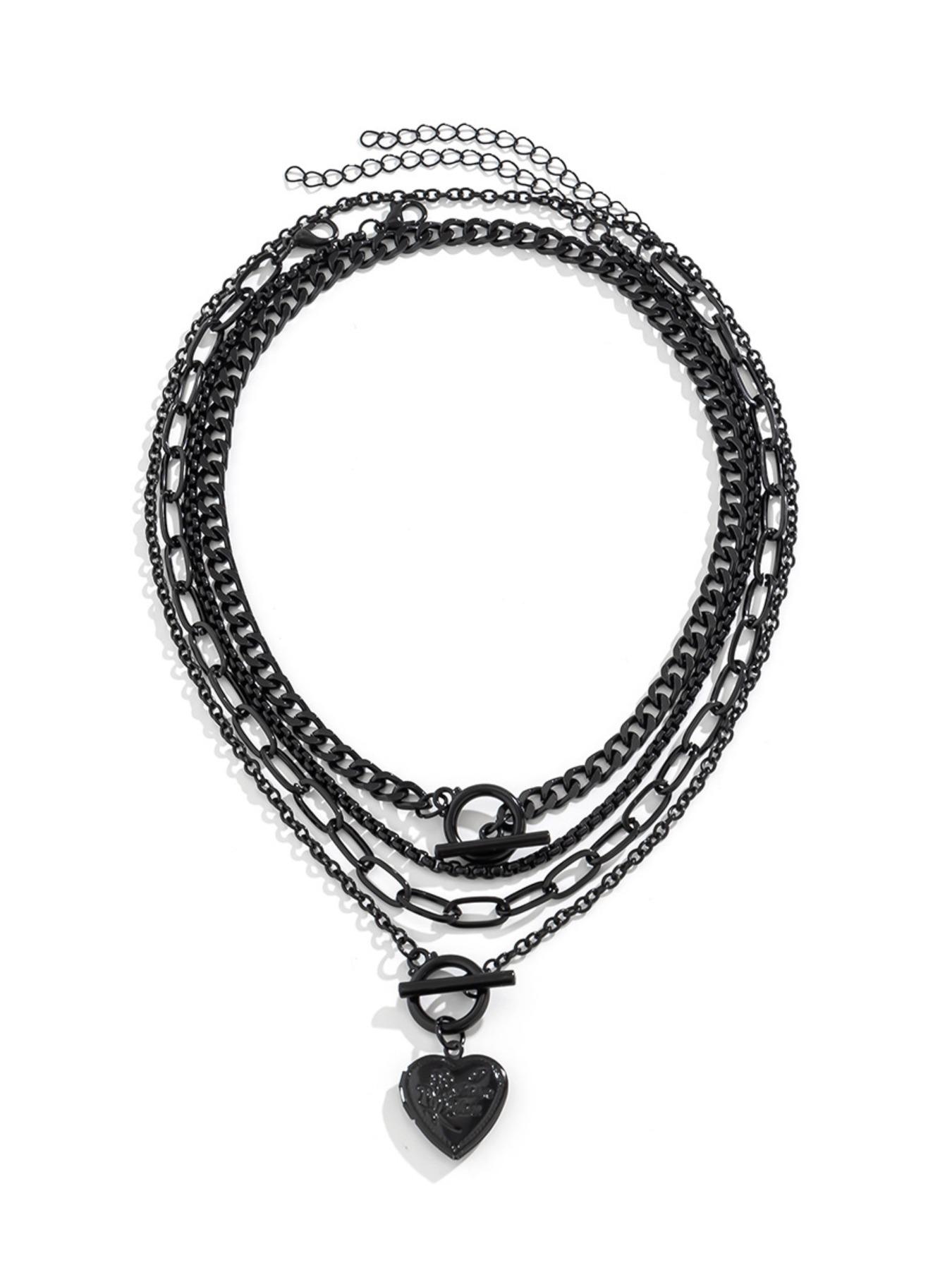 Women's Punk Style Heart Design Pendant Necklace & OT Buckle Chain Necklaces, 4 Counts Fashion Charm & Chain Necklaces, Gothic Mystery Jewelry, Trendy Goth Jewelry for Birthday Gift