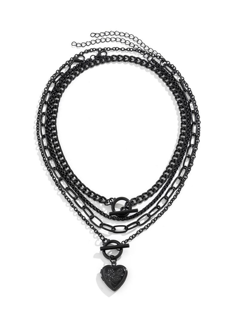 Women's Punk Style Heart Design Pendant Necklace & OT Buckle Chain Necklaces, 4 Counts Fashion Charm & Chain Necklaces, Gothic Mystery Jewelry, Trendy Goth Jewelry for Birthday Gift