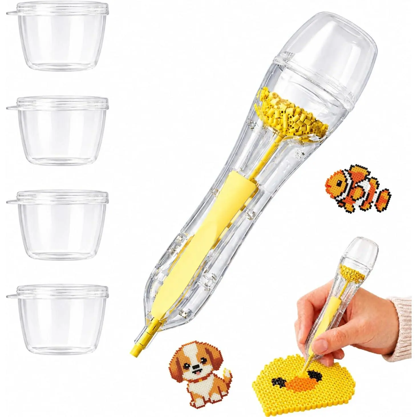 2.6mm Fuse Bead Pen with 4 Swappable Lidded Compartments for Mini Fuse Beads, Quick Color Switching,  and Easy Bead Placement Tool,  for Bead Art Lovers, Yellow