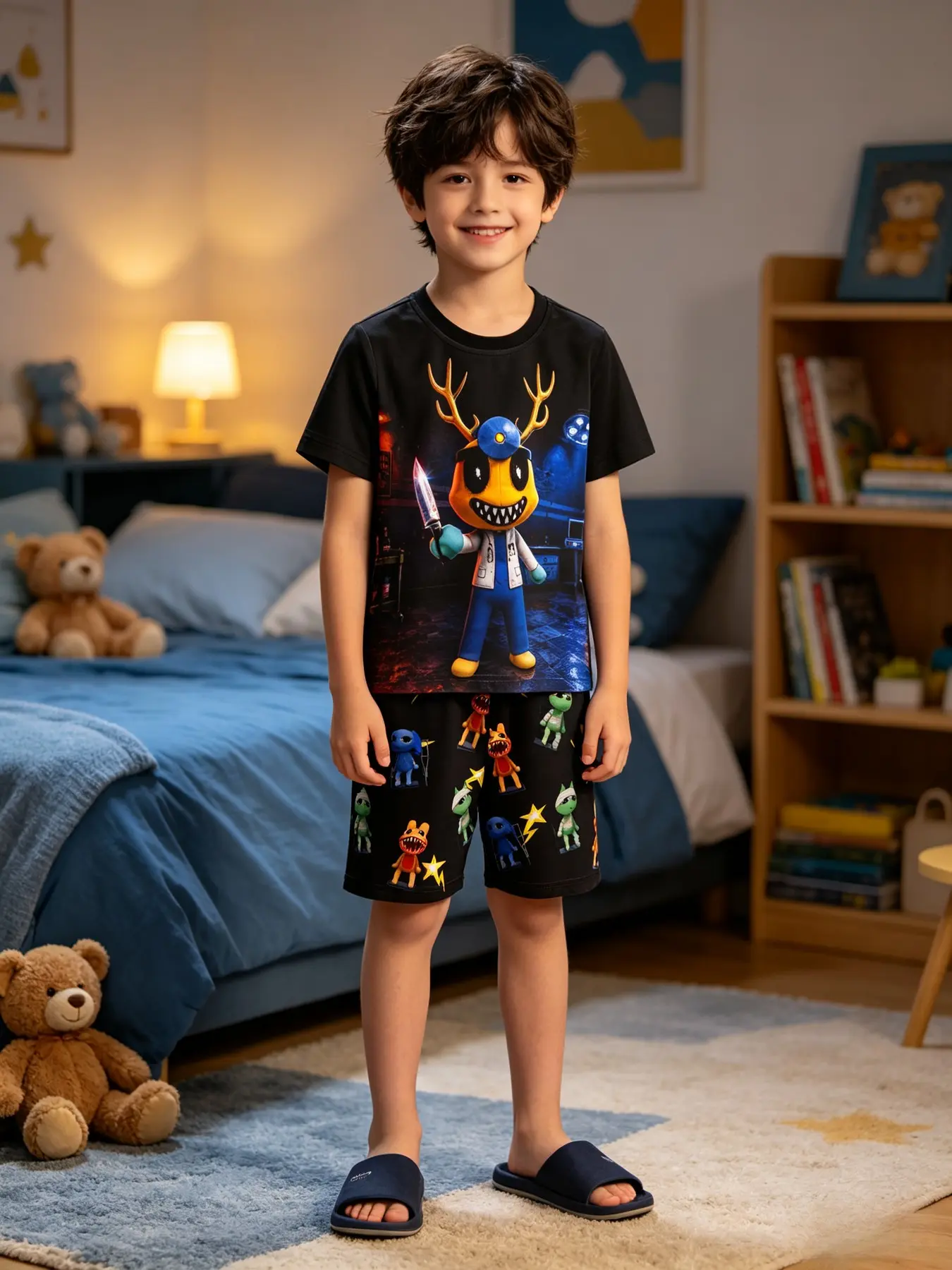 Animal Hospital Kids Doctor Cartoon Print Pajama Set, Cute Veterinarian Print Pajamas, Boys Girls Sleepwear (5-14 Years), Loose-Fit, All Seasons