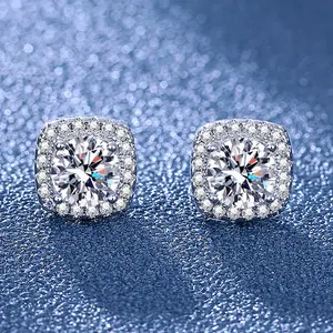 Square Bezel Set Simulated Diamond Earrings – Micro Pave Cubic Zirconia, 0.5 Carat & 1 Carat Option, Silver Plated Needles, Jewelry Set for Her