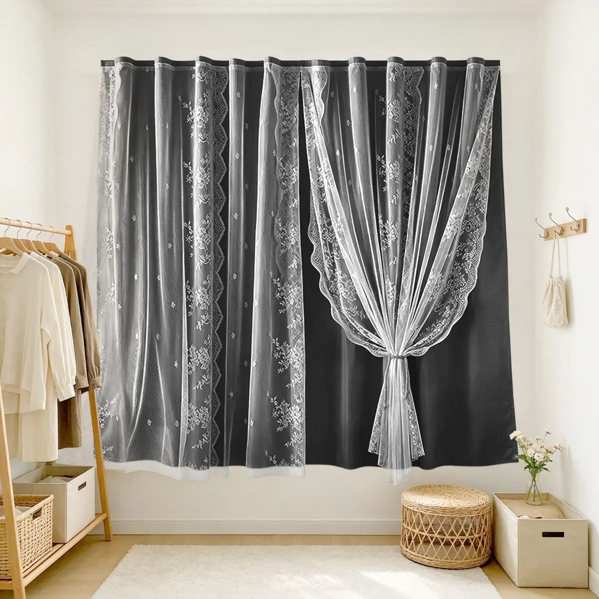 Charcoal Wavy Edge Lace Velcro Curtain, Modern Dark Style, Thick Sunscreen Soundproof Privacy Shade, Ideal for Rentals, Offices, Balconies